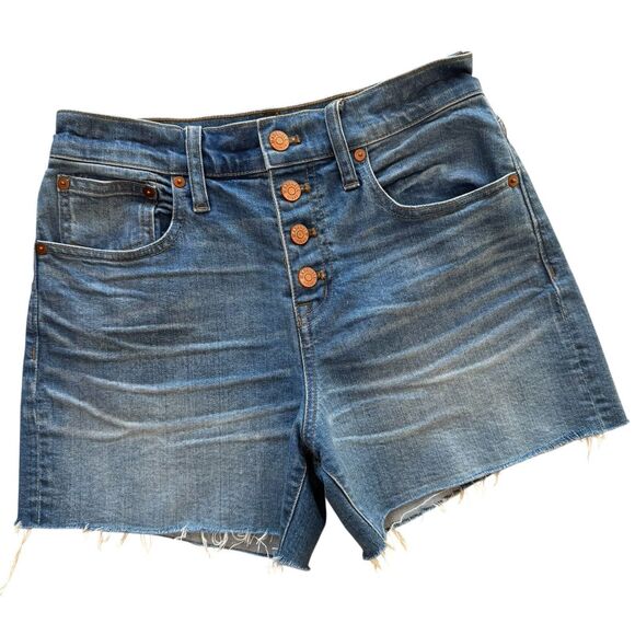 Madewell High Rise Denim Shorts Womens 25 Distressed Frayed Raw Hem Button Fly - Picture 1 of 12